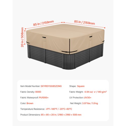Outdoor Hot Tub Cover 85 x 85 x 20 Inch Weatherproof and Waterproof Hot Tub