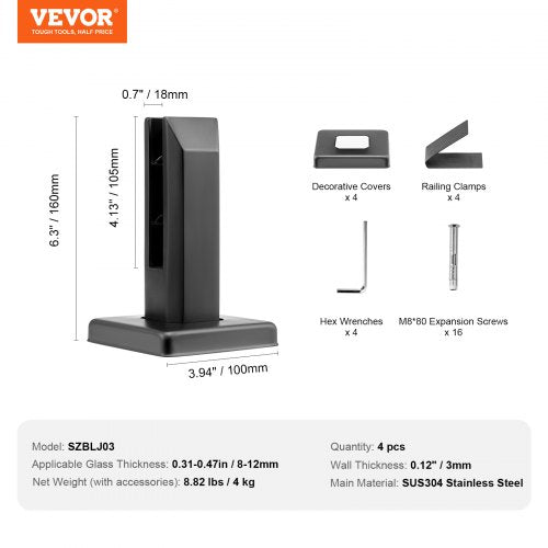 Glass Clamp 4 PCS Square Glass Railing Bracket for 031 047 Tempered