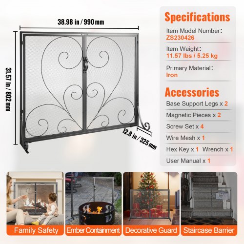 Fireplace Screen 1 Panel with Door Sturdy Iron Mesh Fireplace Screen