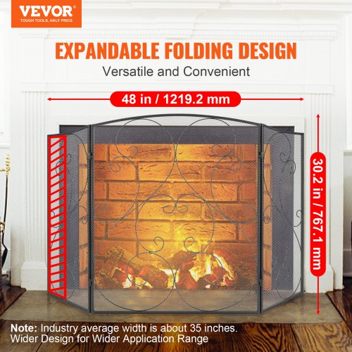 Fireplace Screen 3 Panel Sturdy Iron Mesh Fireplace Screen 48L