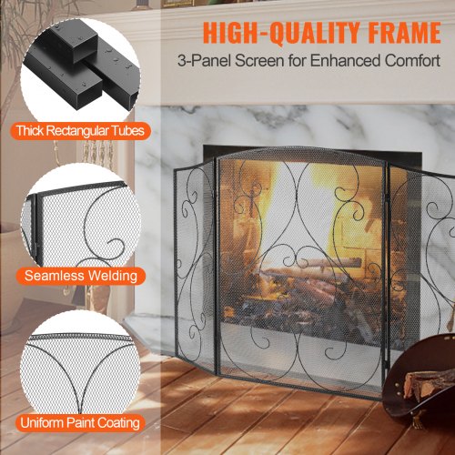 Fireplace Screen 3 Panel Sturdy Iron Mesh Fireplace Screen 48L