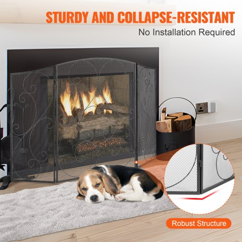 Fireplace Screen 3 Panel Sturdy Iron Mesh Fireplace Screen 48L