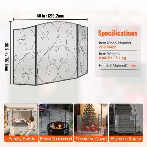 Fireplace Screen 3 Panel Sturdy Iron Mesh Fireplace Screen 48L
