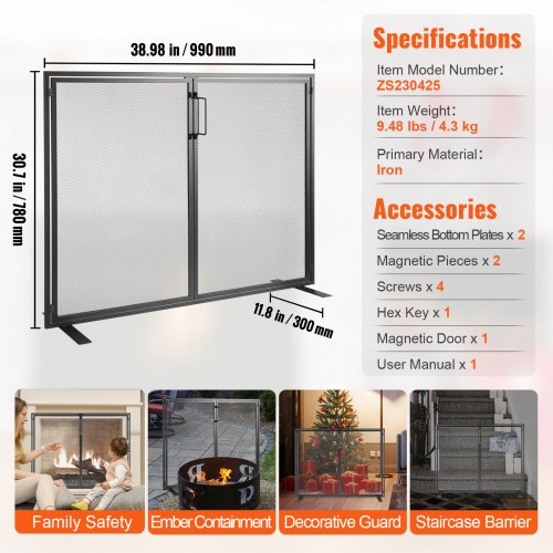 Fireplace Screen 1 Panel with Door Sturdy Iron Mesh Fireplace Screen