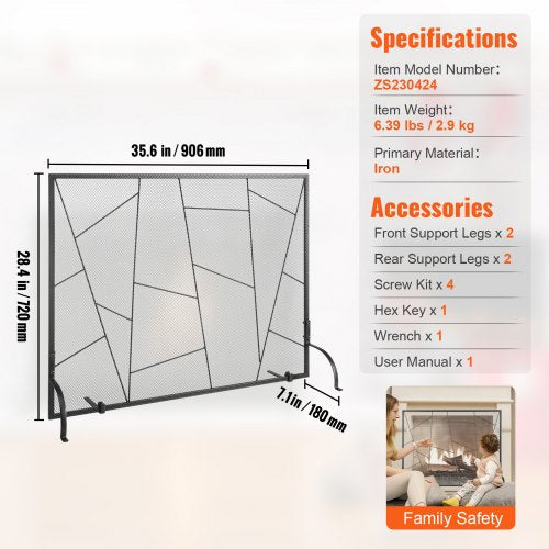 Fireplace Screen Single Panel Sturdy Iron Mesh Fireplace Screen 356L