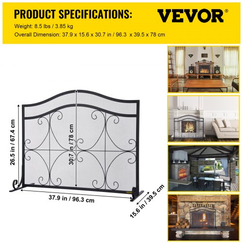 Fireplace Screen 38 x 265 InchHeavy Duty Iron Freestanding Spark Guard