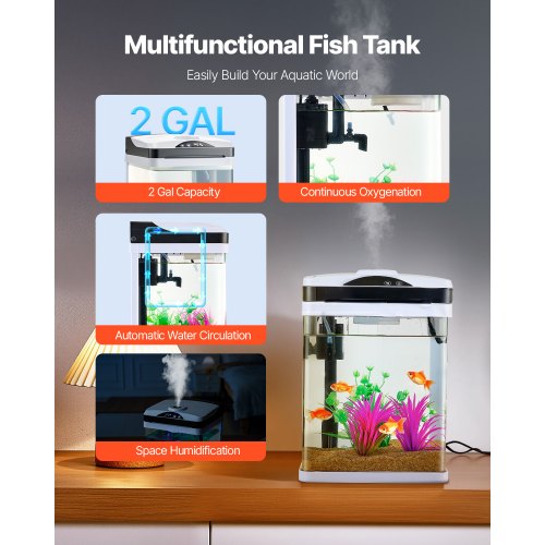 Fish Tank Aquarium 2 Gallon LED Square UltraClear Glass Tank Temperature