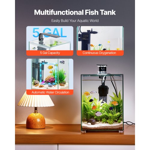Fish Tank Aquarium 5 Gallon Square UltraClear Glass Starter Smart Tank