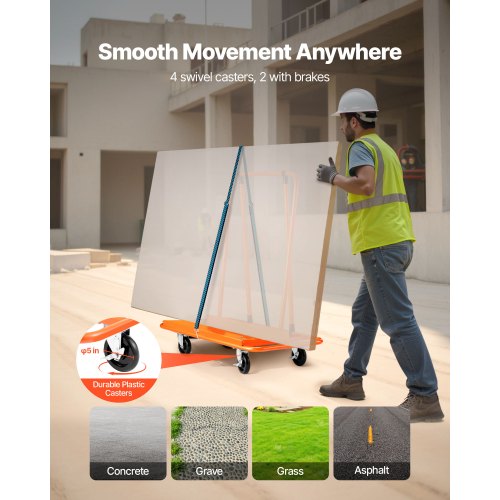 Drywall Cart Dolly 1800 lbs Load Capacity Steel Panel Dolly with 4 Swivel