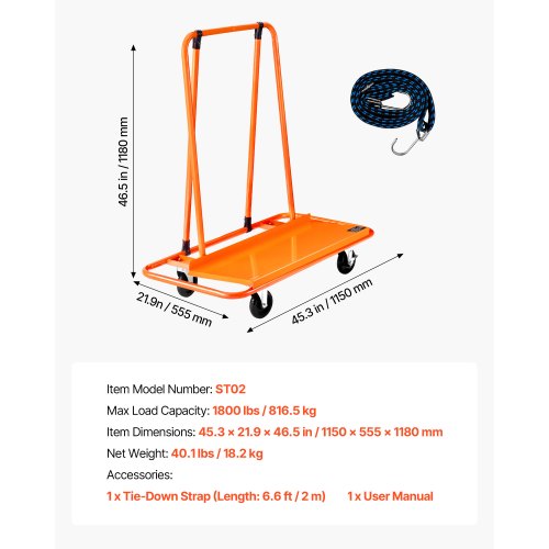 Drywall Cart Dolly 1800 lbs Load Capacity Steel Panel Dolly with 4 Swivel