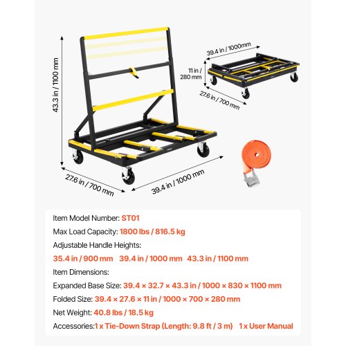 Drywall Cart Dolly 1800 lbs Load Capacity Steel Panel Dolly with 4 Swivel