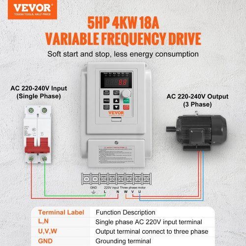 VFD 5HP 4KW 18A 1 Phase 220V240V Input to 3 Phase 220V240V Output