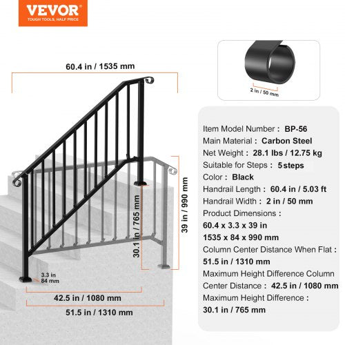 Handrails for Outdoor Steps 5 Step Stair Hand Rail Kit Transitional Carbon