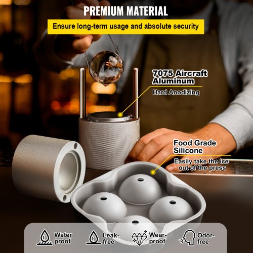 Ice Ball Press Kit Anodized 7075 Aluminum with Silicone Moulds Large Mat