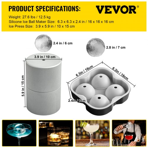 Ice Ball Press Kit Anodized 7075 Aluminum with Silicone Moulds Large Mat