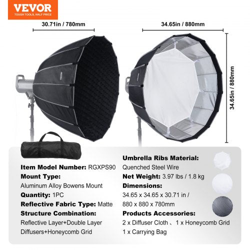 Parabolic Softbox 33 in 850 mm Quick Release and Quick Fold Lightweight