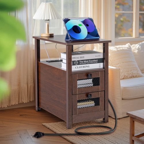 Farmhouse End Table Nightstand with Charging Station 4 Tiers End Table
