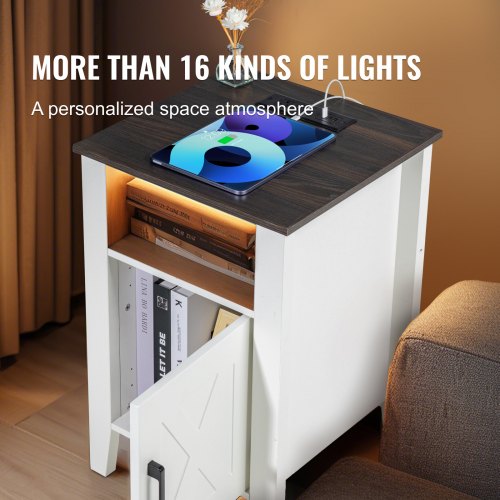 Farmhouse End Table Set of 2 Nightstand with Charging Station 3 Tiers Side