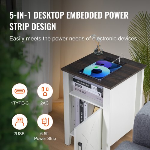 Farmhouse End Table Set of 2 Nightstand with Charging Station 3 Tiers Side