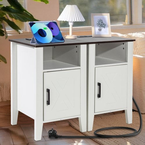 Farmhouse End Table Set of 2 Nightstand with Charging Station 3 Tiers Side