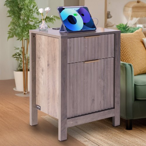 Farmhouse End Table Set of 2 Nightstand with Charging Station 3 Tiers Side