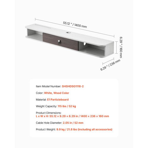 Floating TV Stand 55 in Wall Mount Entertainment Center with Cable Hole