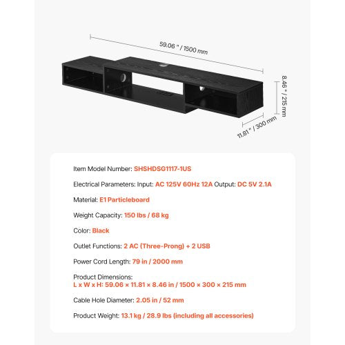 Floating TV Stand 59 Wall Mount Entertainment Center with Power Outlet