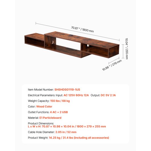 Floating TV Stand 70 Wall Mount Entertainment Center with Power Outlet
