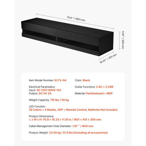 Floating TV Stand 71 in Wall Mount Entertainment Center with Power Outlet