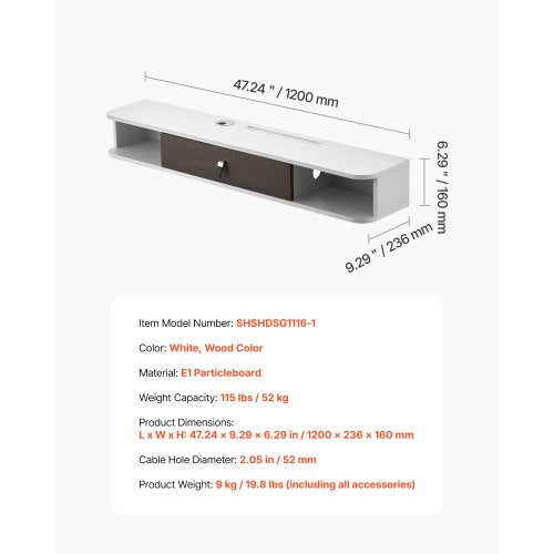 Floating TV Stand 47 in Wall Mount Entertainment Center with Cable Hole