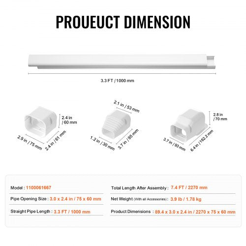Mini Split Line Set Cover 3inch W 7.4Ft L PVC Decorative Pipe Line Cover