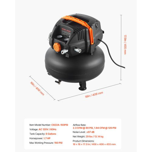 6 Gallon Air Compressor 1.7HP 23CFM 90PSI Portable Pancake Air
