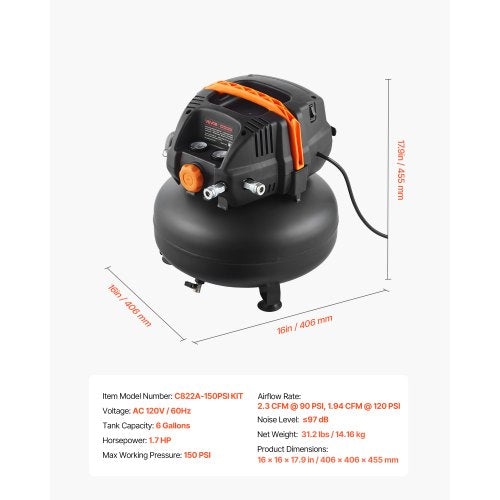 6 Gallon Air Compressor 1.7HP 23CFM90PSI Portable Pancake Air Compressor