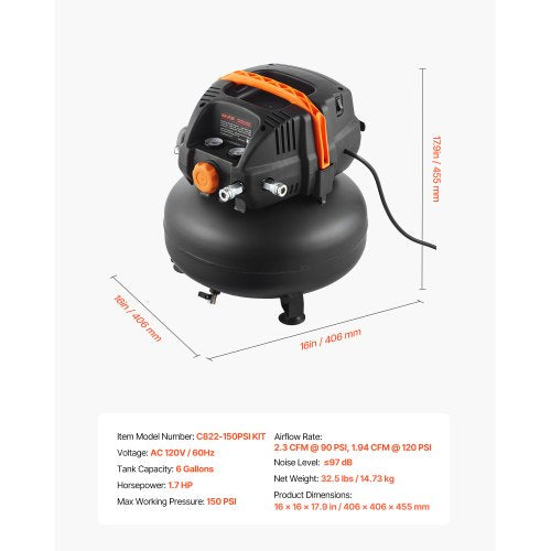 6 Gallon Air Compressor 1.7HP 23CFM90PSI Portable Pancake Air Compressor