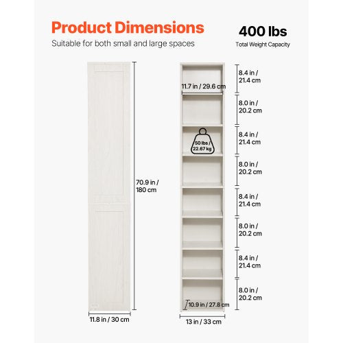8 Tiers Narrow Bookshelf 71 in Wooden Tall Open Bookcase with HeightAdjustable
