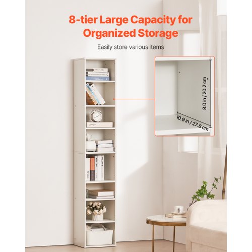 8 Tiers Narrow Bookshelf 71 in Wooden Tall Open Bookcase with HeightAdjustable