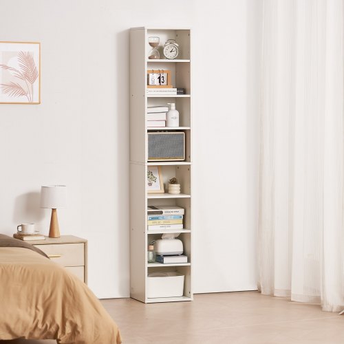 8 Tiers Narrow Bookshelf 71 in Wooden Tall Open Bookcase with HeightAdjustable