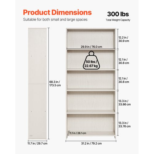 5 Tiers Wide Bookshelf 68 in Wooden Open Bookcase with Display Storage