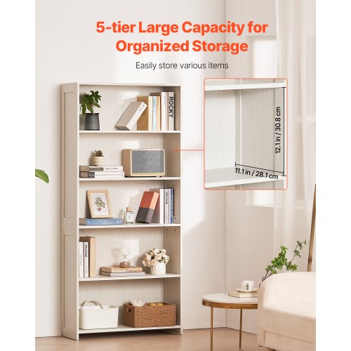 5 Tiers Wide Bookshelf 68 in Wooden Open Bookcase with Display Storage