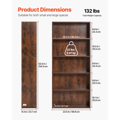 5 Tiers Narrow Bookshelf 53 in Wooden Open Bookcase with HeightAdjustable