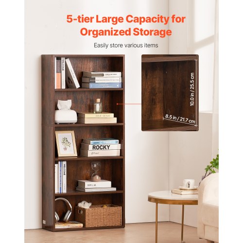 5 Tiers Narrow Bookshelf 53 in Wooden Open Bookcase with HeightAdjustable