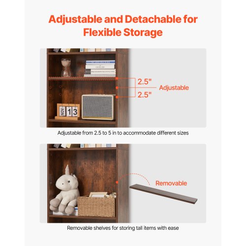 5 Tiers Narrow Bookshelf 53 in Wooden Open Bookcase with HeightAdjustable