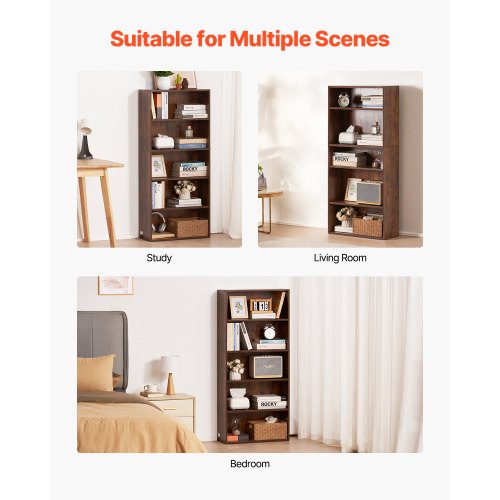 5 Tiers Narrow Bookshelf 53 in Wooden Open Bookcase with HeightAdjustable