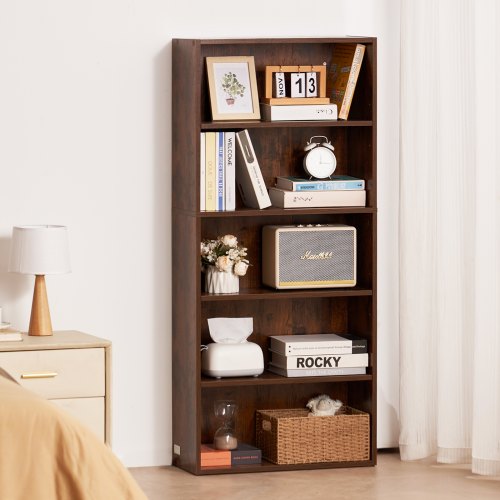 5 Tiers Narrow Bookshelf 53 in Wooden Open Bookcase with HeightAdjustable