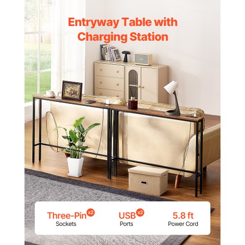 Narrow Console Table 2 Pack Behind Couch Table with Power Outlets 1Tier