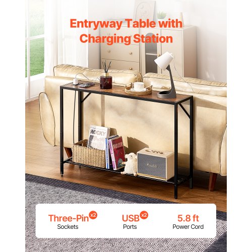 Narrow Console Table 417 Behind Couch Table with Power Outlets 2Tier