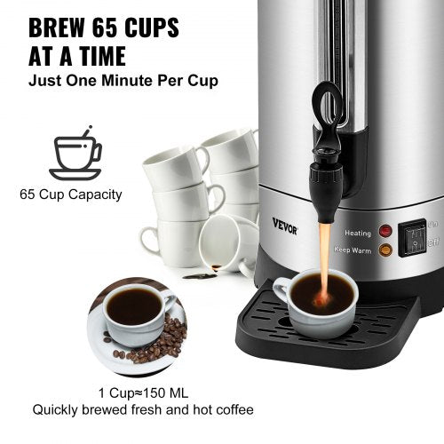 Commercial Coffee Urn 65 Cups Stainless Steel Large Coffee Dispenser 1500W