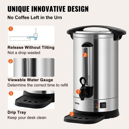 Commercial Coffee Urn 65 Cups Stainless Steel Large Coffee Dispenser 1500W