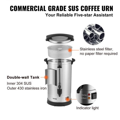 Commercial Coffee Urn 65 Cups Stainless Steel Large Coffee Dispenser 1500W