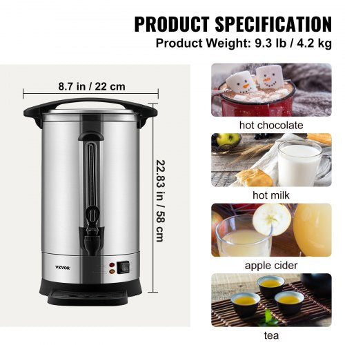 Commercial Coffee Urn 65 Cups Stainless Steel Large Coffee Dispenser 1500W